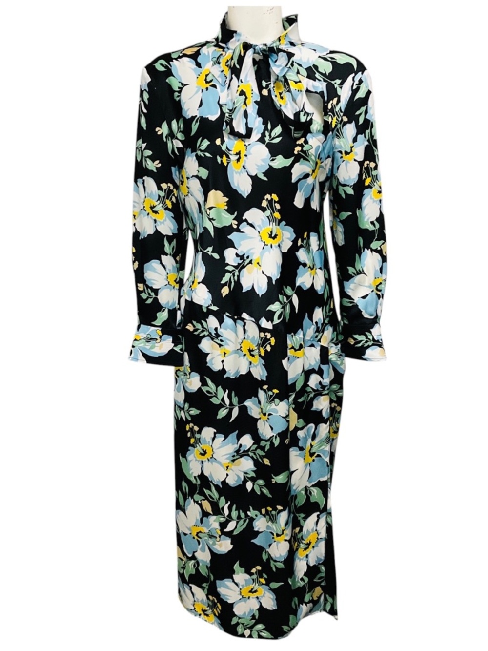 TOM FORD BLACK / BLUE / GREEN MULTI FLORAL PRINTED TIE NECK SILK MIDI DRESS